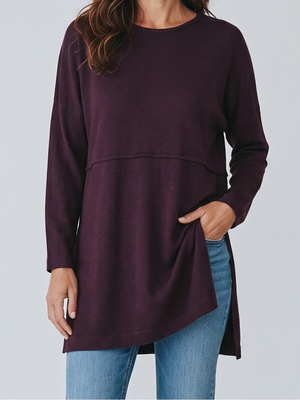 Vintage Andrea Jovine Essentials 100% Wool Plum Tunic Sweater Minimalist S/M